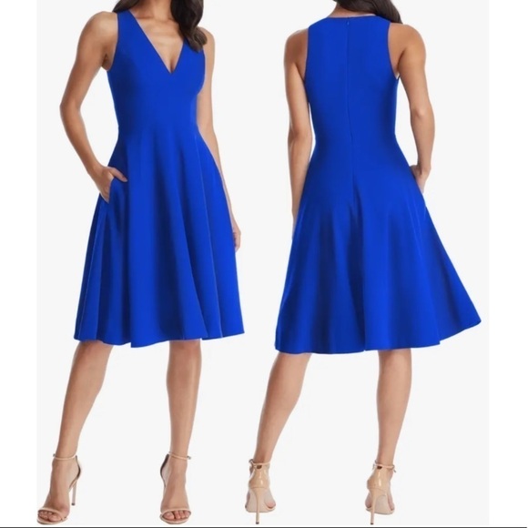 Dress The Population Catalina Fit Flare V-Neck Crepe Dress Electric Blue XS - Picture 1 of 14